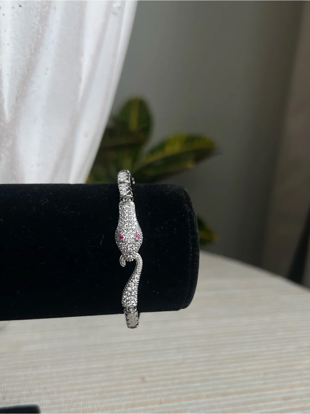 Silver pavé Snake  Bracelet with Pink Stone Eyes